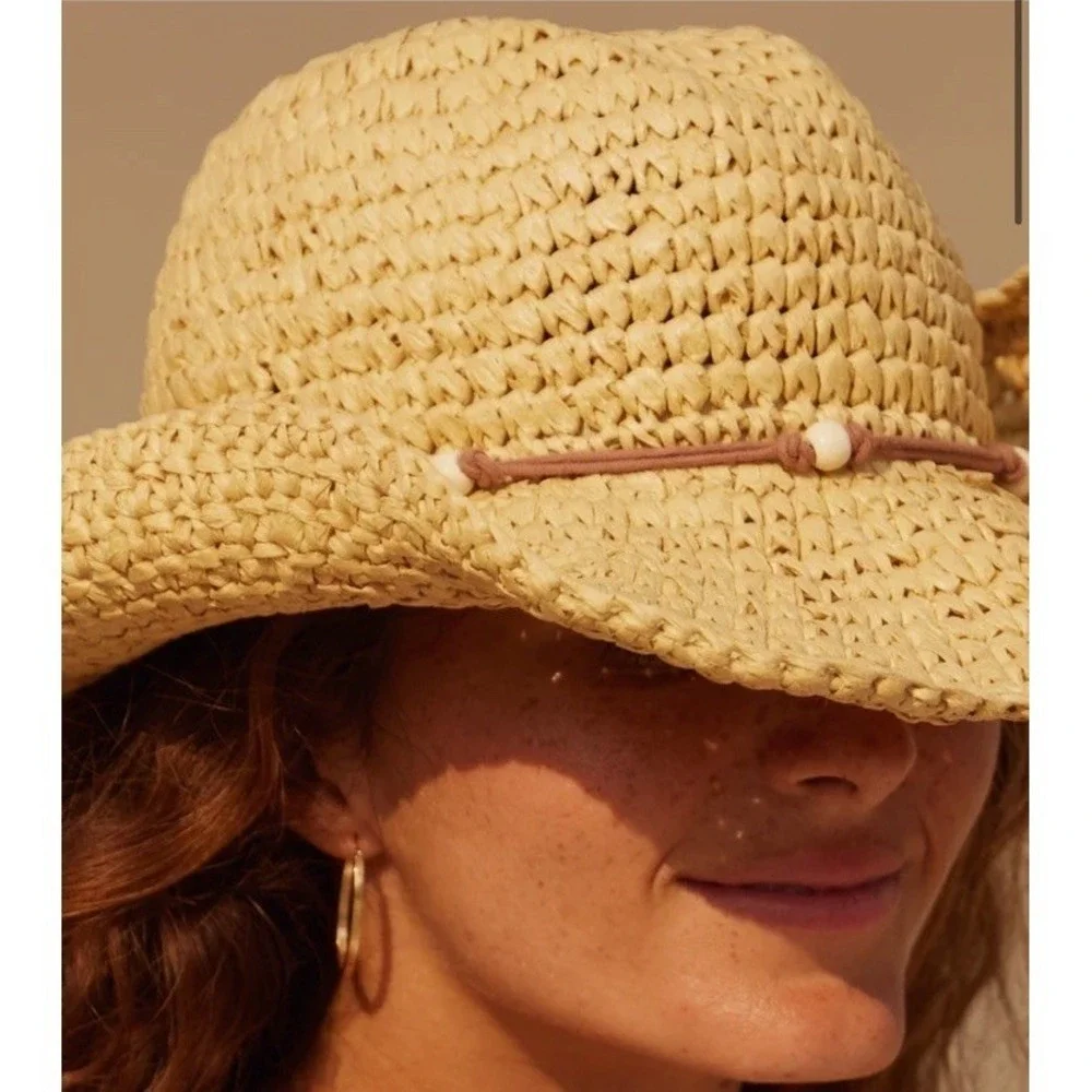 New Roxy Womens M/L Cherish Summer Natural Straw Sun Hat Beads Beach Boho